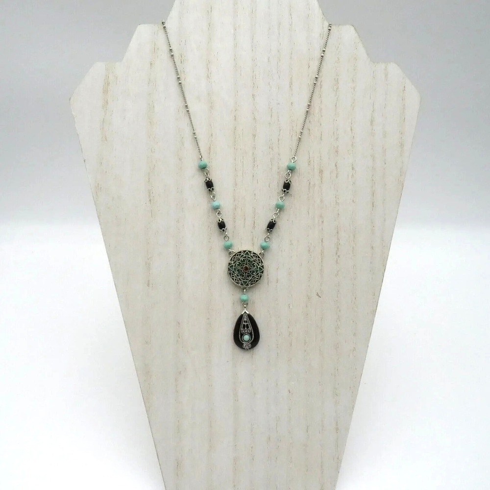 Nina Ricci Signed Pendant Necklace Silver Tone Turquoise Bead Teardrop Filigree